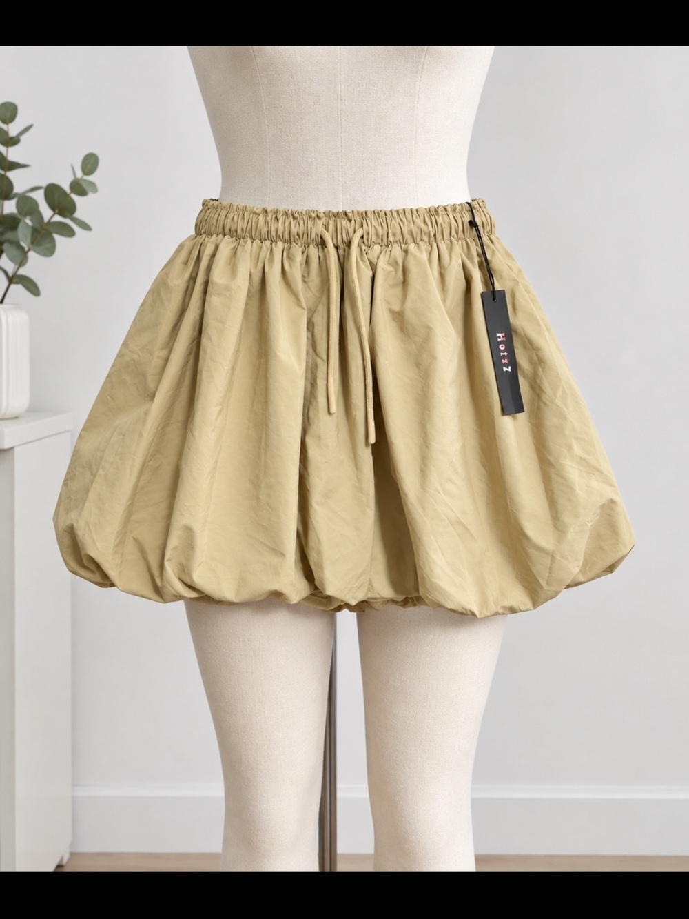 Beige Bubble Mini Skirt with Elastic Waist
